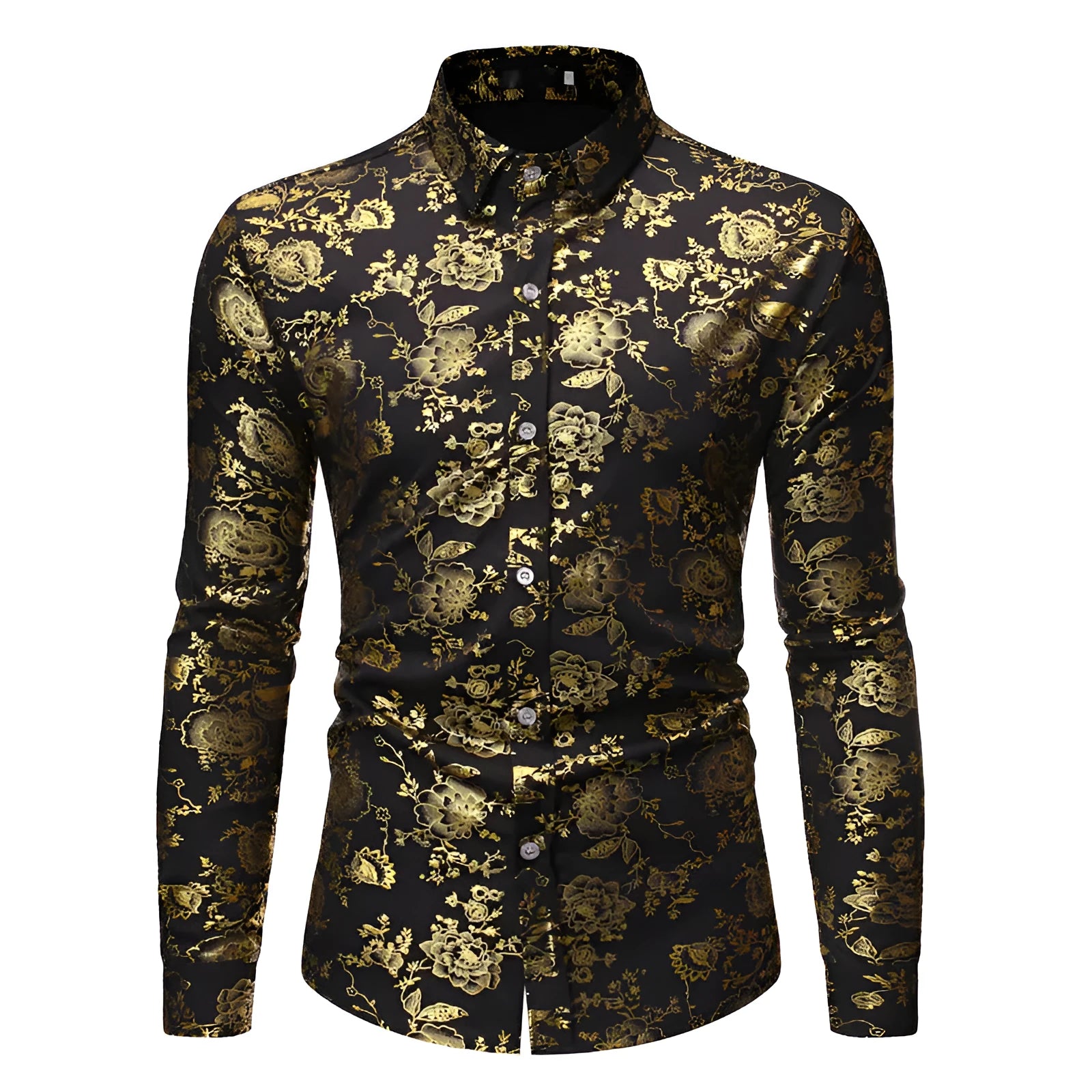 Men's casual cardigan-style shirt with metal bronzing digital print on the lapel, made from elastic polyester fabric.