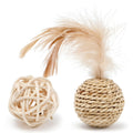 Two cat toys: natural rattan ball with bell and colourful faux feather ball for interactive pet play