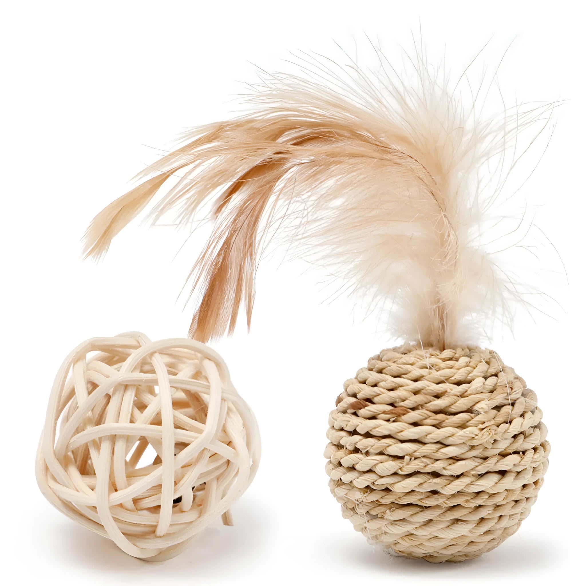 Two cat toys: natural rattan ball with bell and colourful faux feather ball for interactive pet play