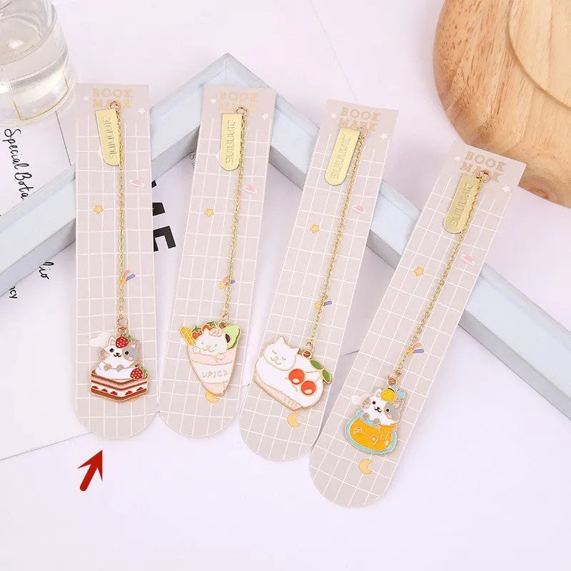 Jane Key Foodie metal bookmark with cartoon cat design, showing four style options including Strawberry Cake Cat.