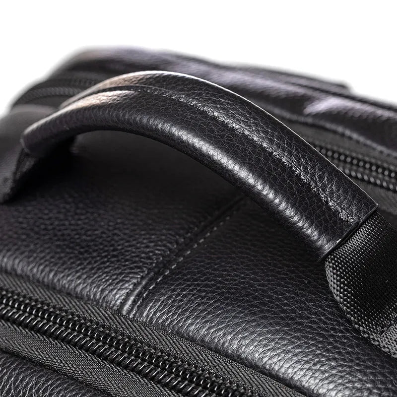 Black genuine leather men's travel backpack with first layer cowhide and nylon lining