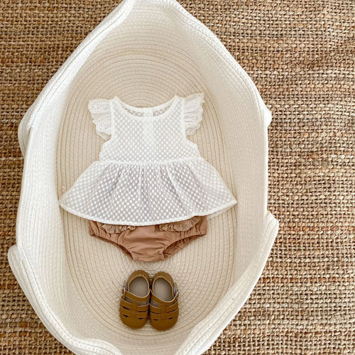 Baby girl flying sleeve top and bloomer shorts two-piece cotton set in creamy white with lace trim