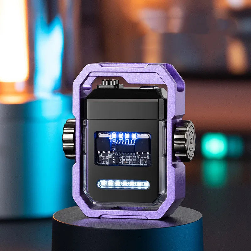 Blue Pulse double arc electric lighter unfolded, showing glowing arcs and mechanical gyroscope.