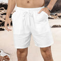 Men's light blue cotton linen straight-cut casual shorts on a hanger.