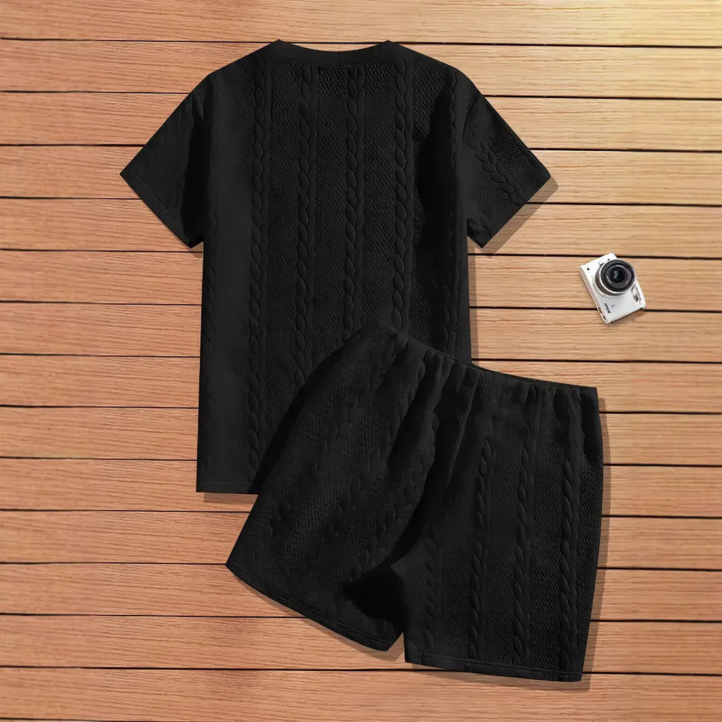 Men's black sports two-piece set with short sleeve rib T-shirt and matching shorts