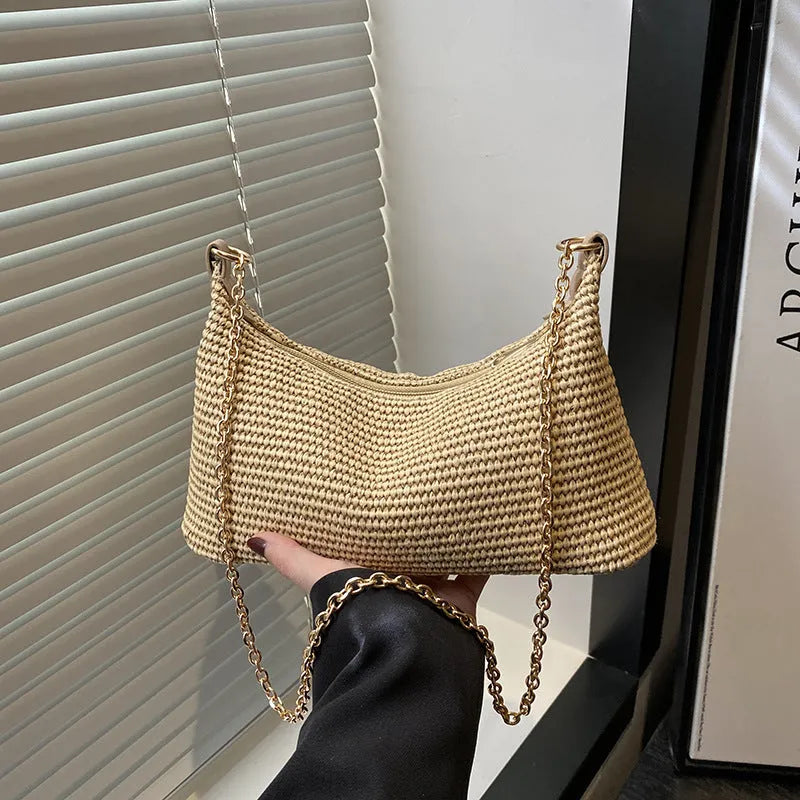 Women's woven straw crossbody bag with phone compartment in khaki colour