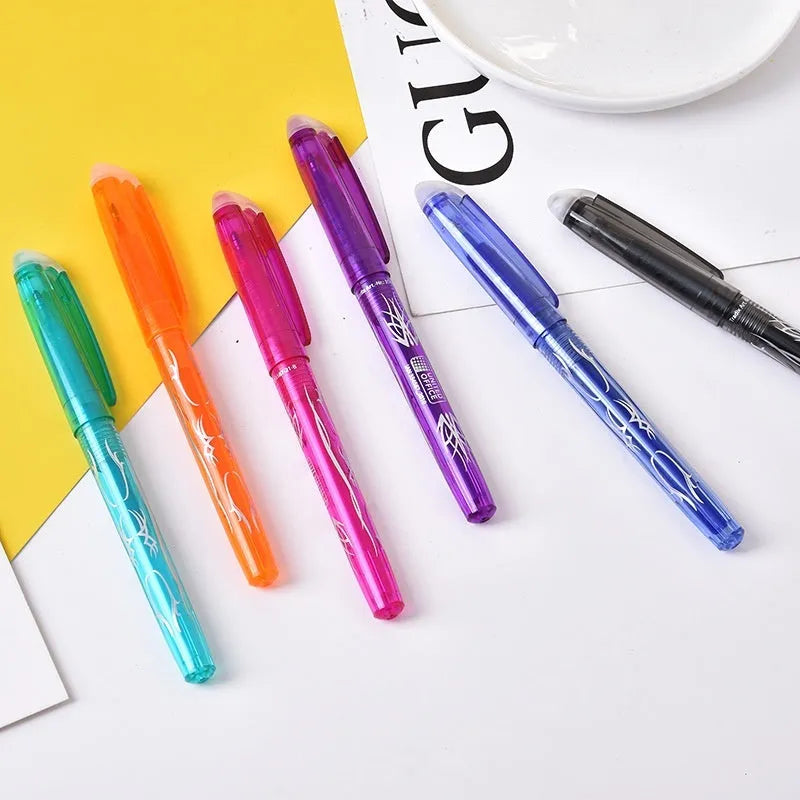 Heat-erasable gel pen set with multiple colours showing plastic shell and stainless steel nib options.