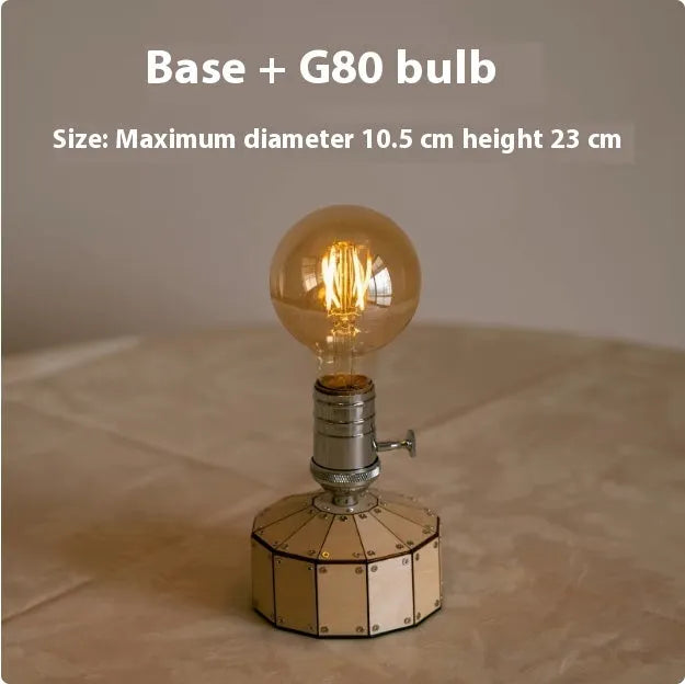 Retro glass USB charging bedside lamp with wooden base and ST64 style bulb