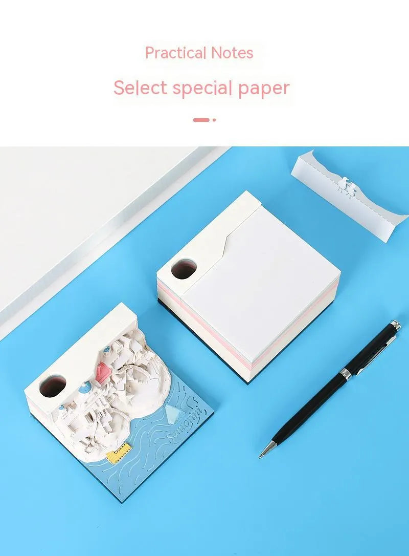 Santorini beach scene 3D paper carving notepad showing architectural model details