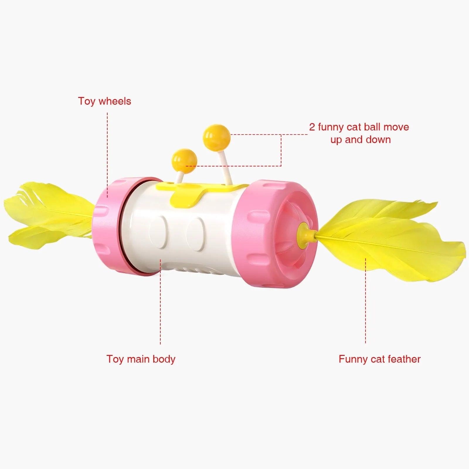 Colourful interactive cat toy with feather ball, stick pole, and tumbler on a flat surface.