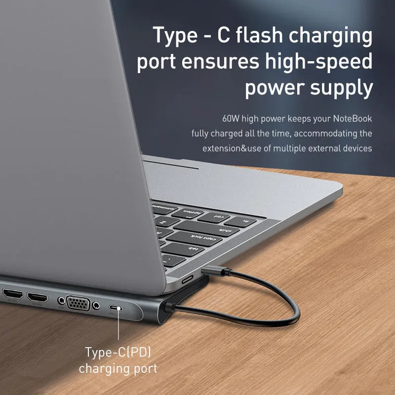 Aluminium USB-C docking station with cooling bracket showing ten ports including HDMI and VGA connections