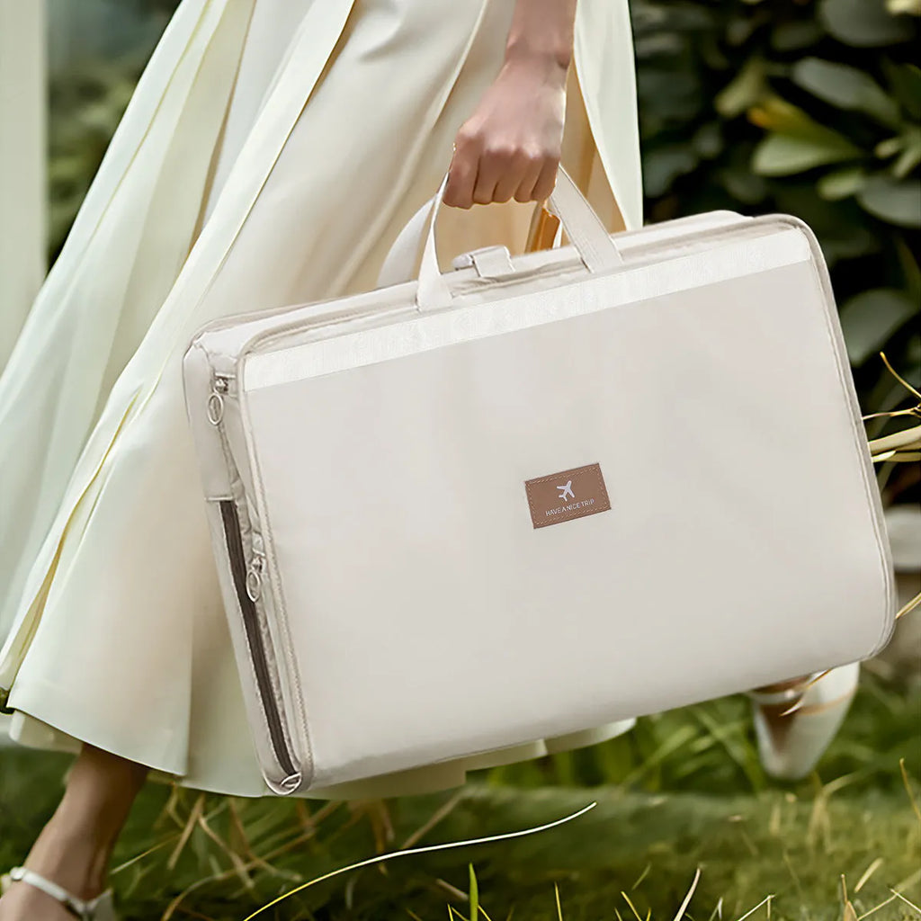 Travel storage hook bag in beige polyester fabric with woven texture, folded and hanging