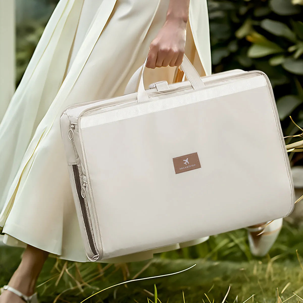 Travel storage hook bag in beige polyester fabric with woven texture, folded and hanging