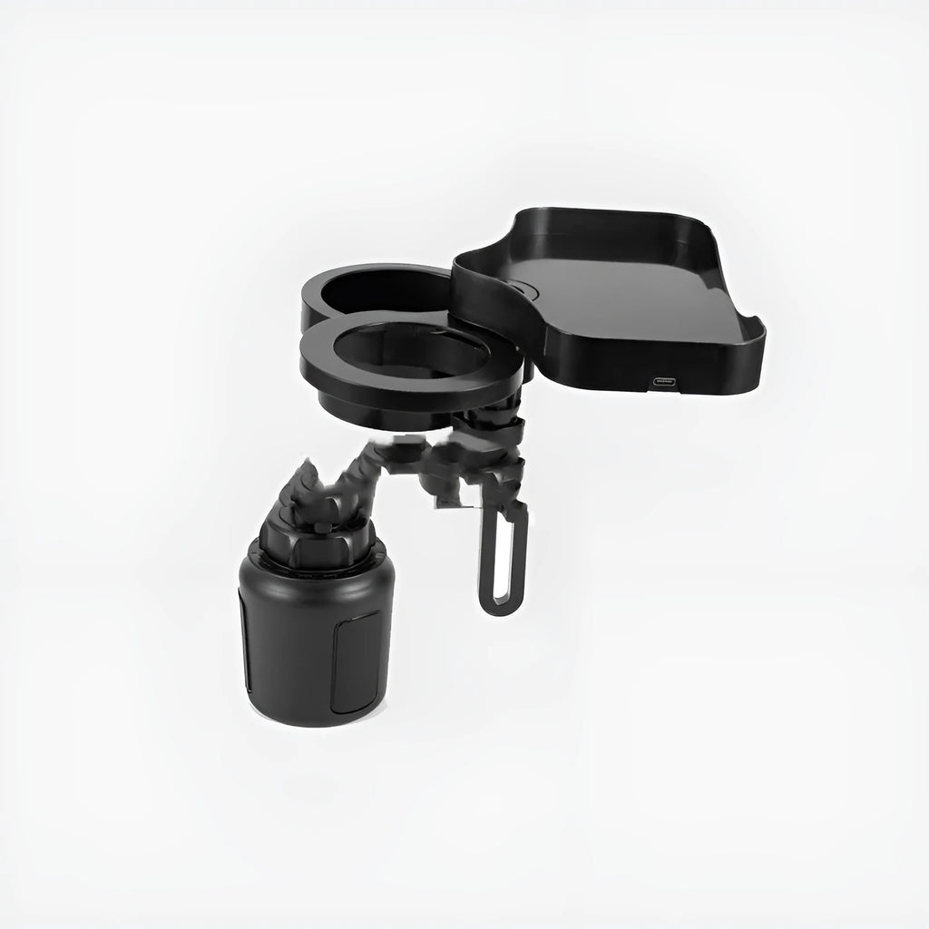 Black car cup holder with wireless charging pad and USB outlet, placed on a vehicle instrument panel.