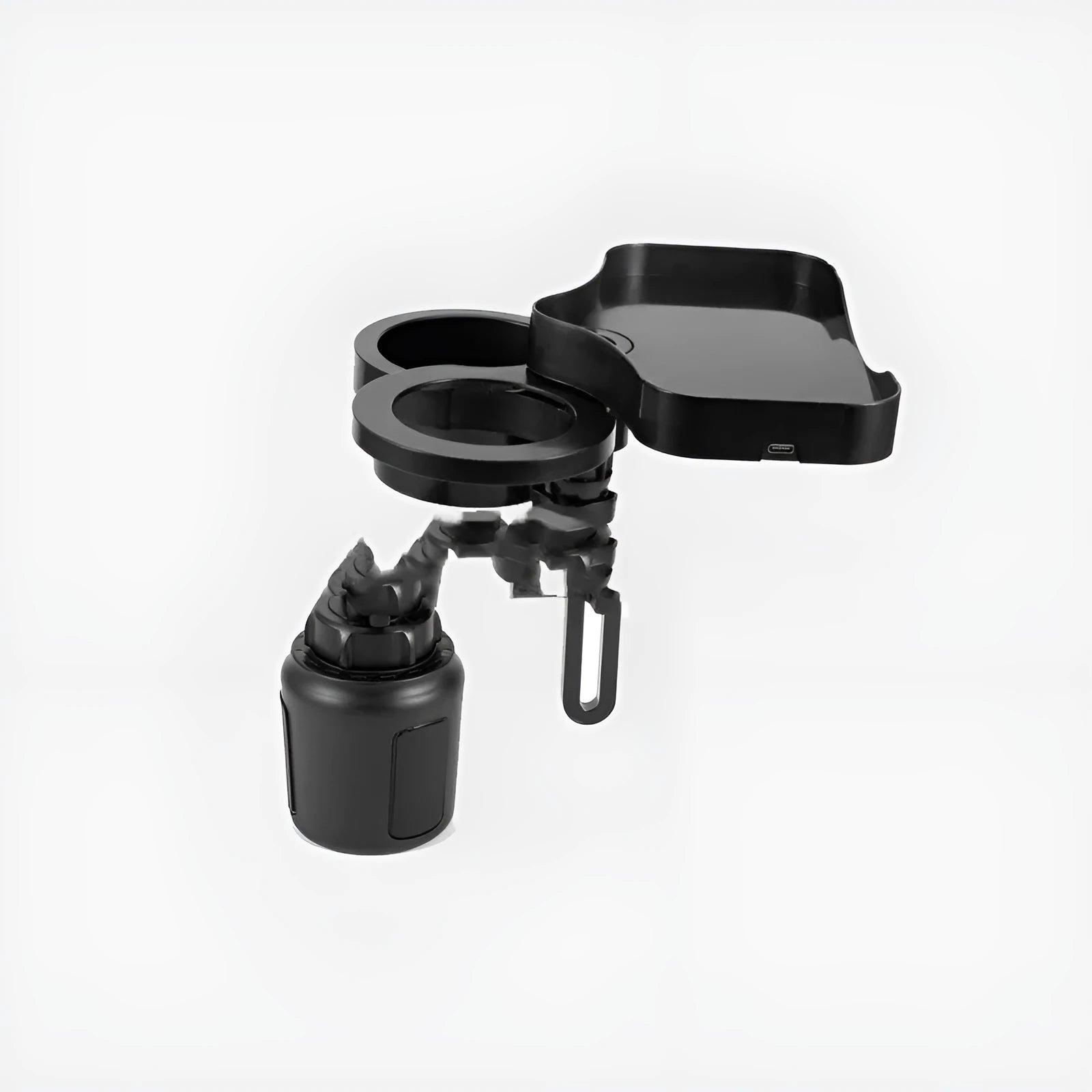 Black car cup holder with wireless charging pad and USB outlet, placed on a vehicle instrument panel.