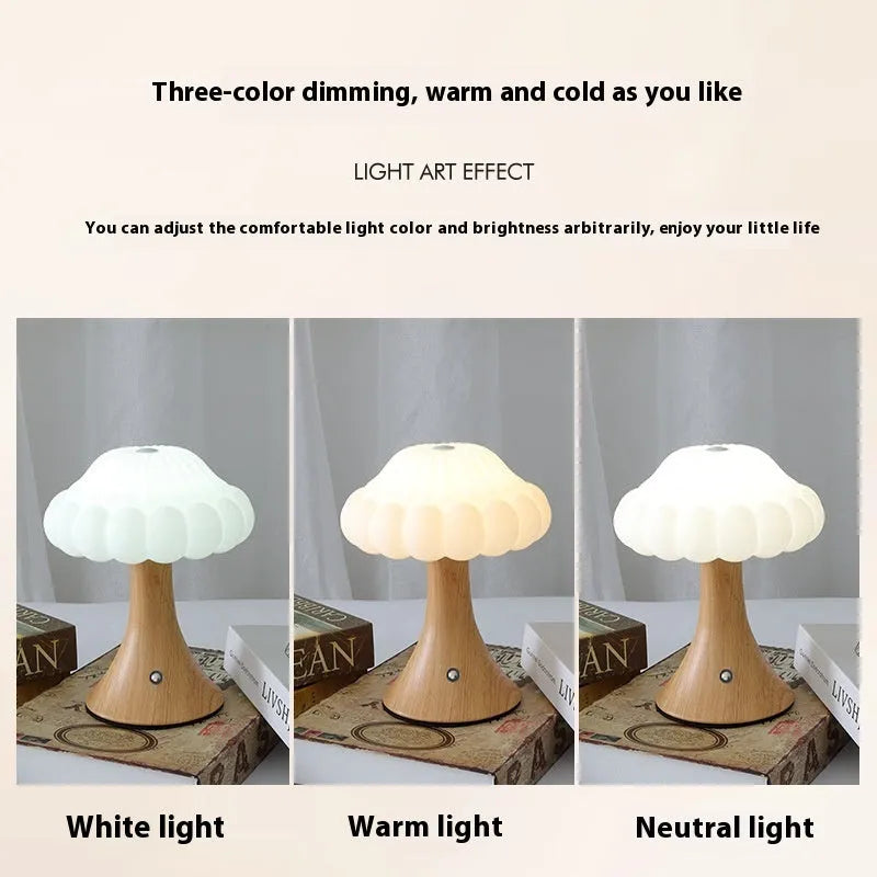 Creative mushroom-shaped touch night lamp in wood grain, white, cream, grey, or black colour options
