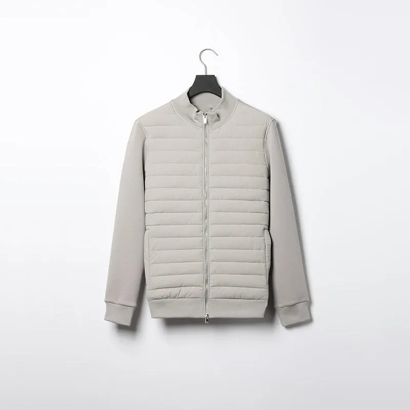 Men's lightweight stand collar coat with knitted stitching in solid colour, available in black, light gray, and navy blue