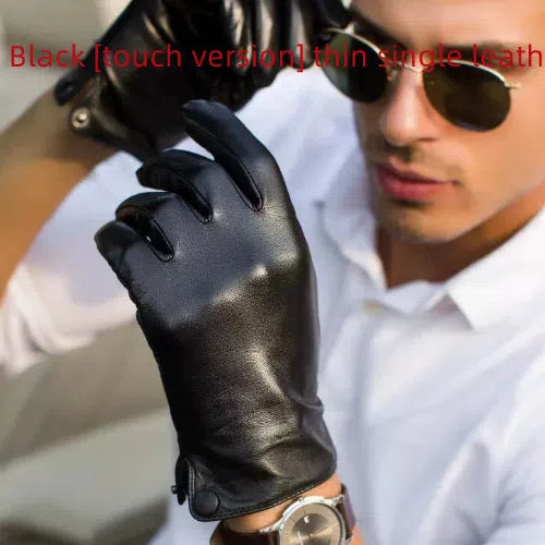 Black leather motorcycle riding gloves touch version unlined size L