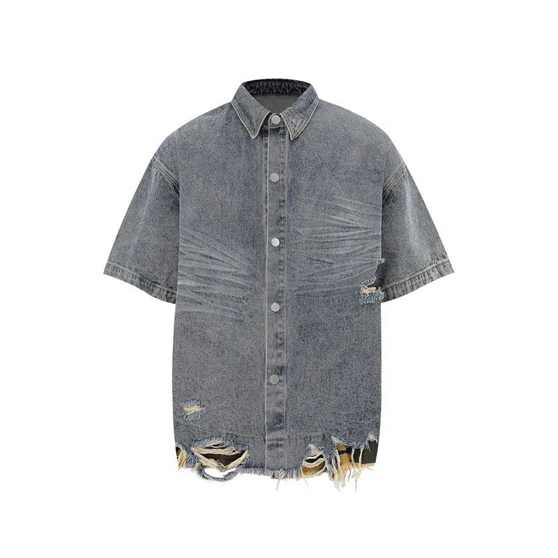 Leopard print denim matching set with short sleeve top and shorts featuring raw cut edge stitching