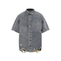 Leopard print denim matching set with short sleeve top and shorts featuring raw cut edge stitching