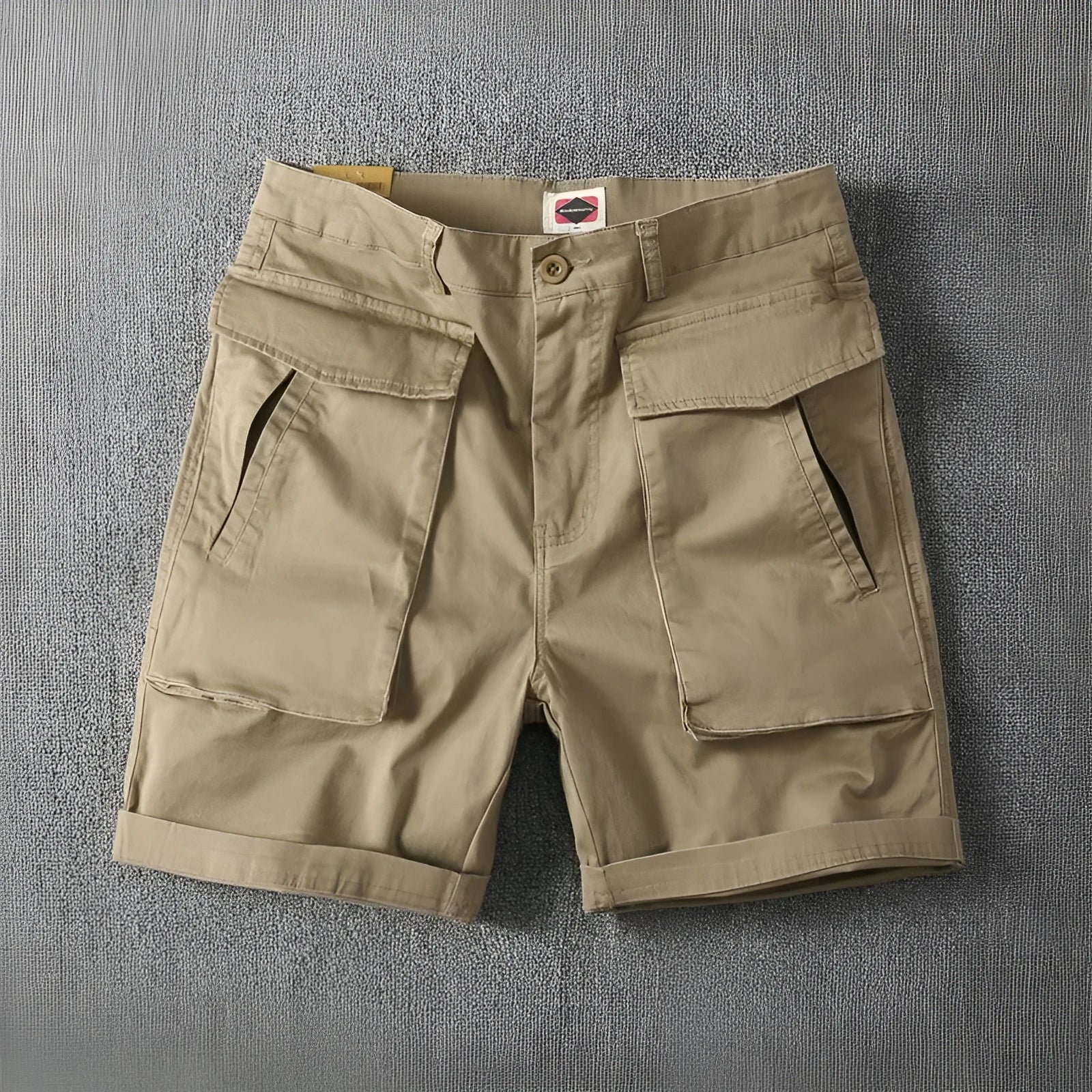 Men's straight-leg cotton cargo shorts in khaki with multiple pockets and stretch fabric.