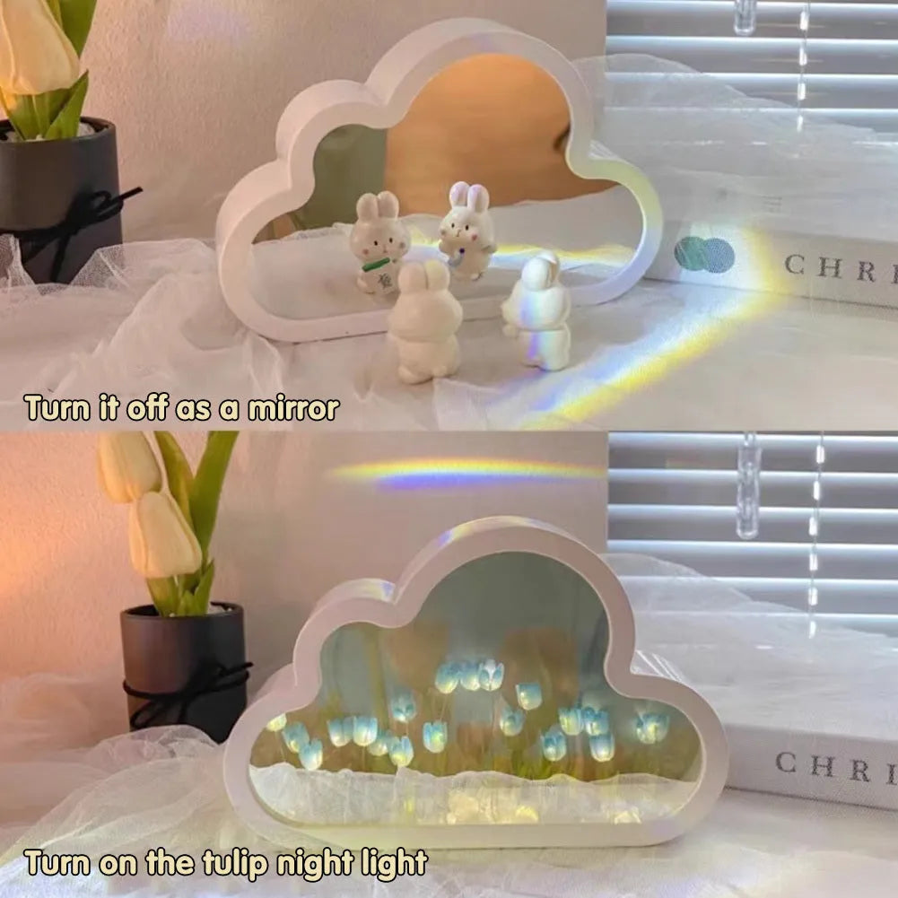 DIY cloud tulip decorative night lamp with LED lights and mirror surface for bedroom or desk