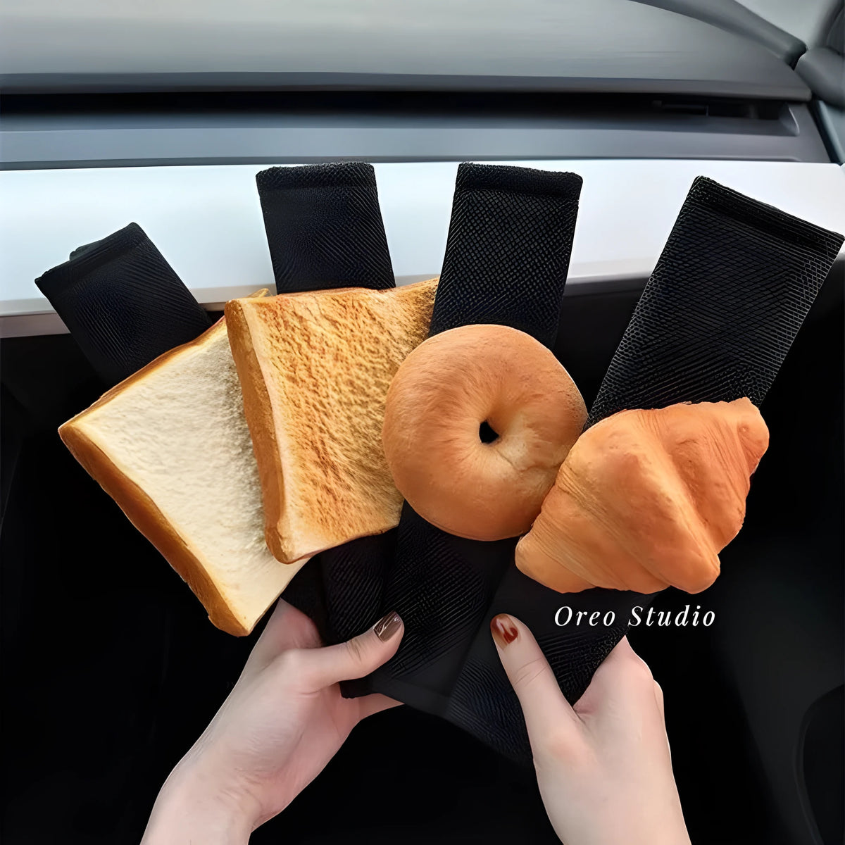 Toast bread safety belt shoulder pad in white toast colour on a car seat belt for driving comfort