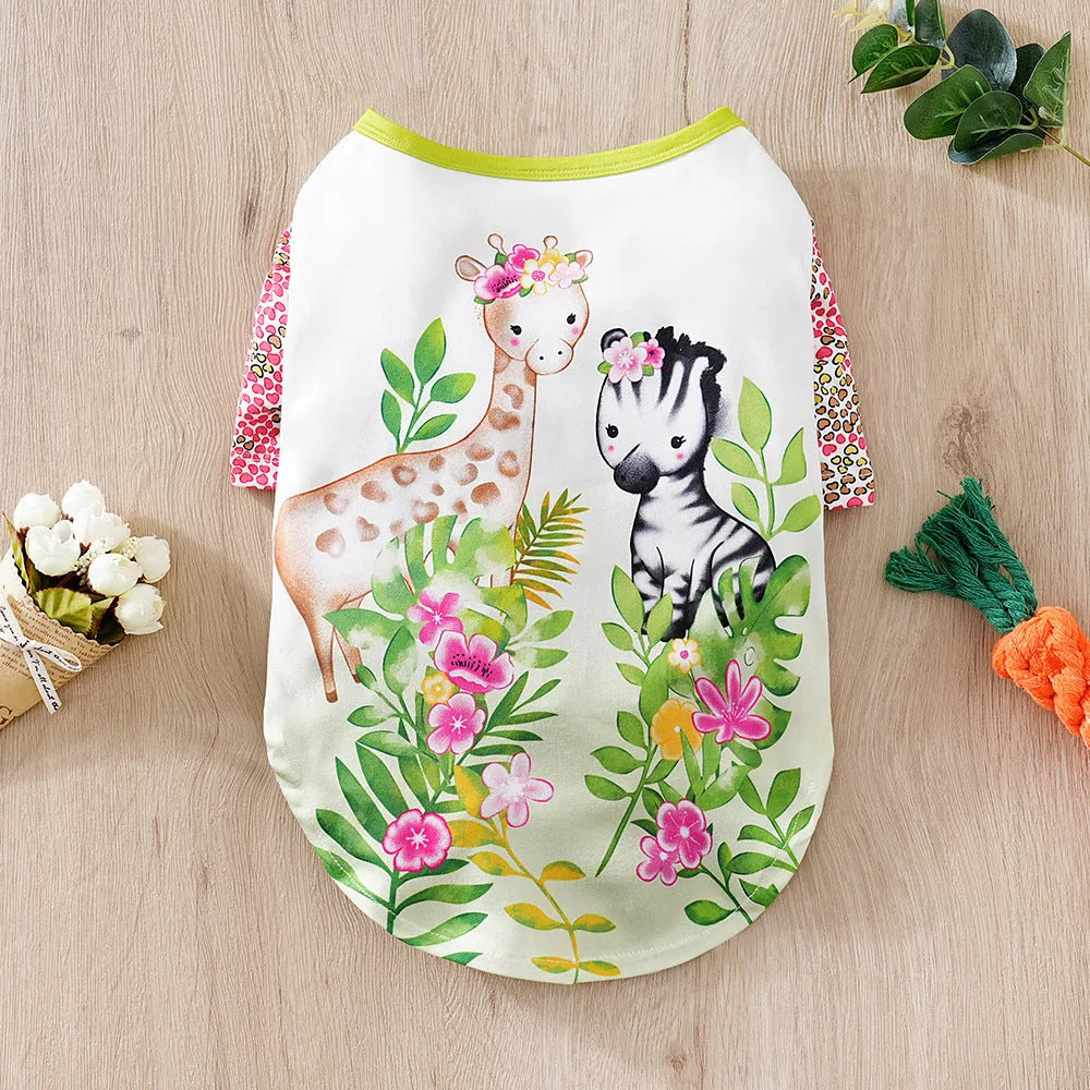 Small dog wearing a full printed casual t-shirt for spring and autumn.
