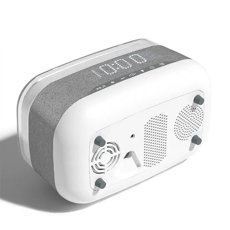 White multifunctional alarm clock with Bluetooth speaker and wireless charging pad display