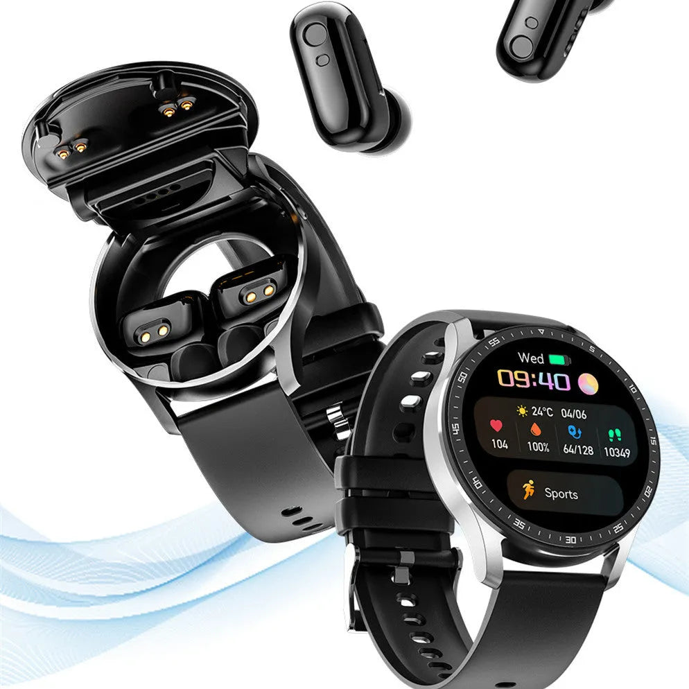 X7 smart watch with black TPU band and TWS Bluetooth earphones on a charging cable