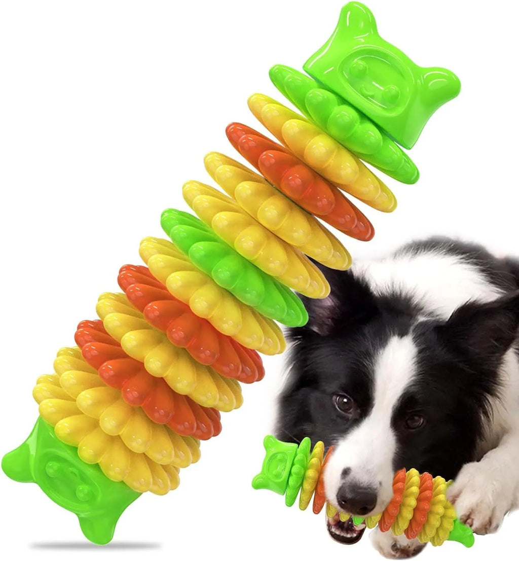 Blue caterpillar-shaped rubber dog chew toy for aggressive chewers