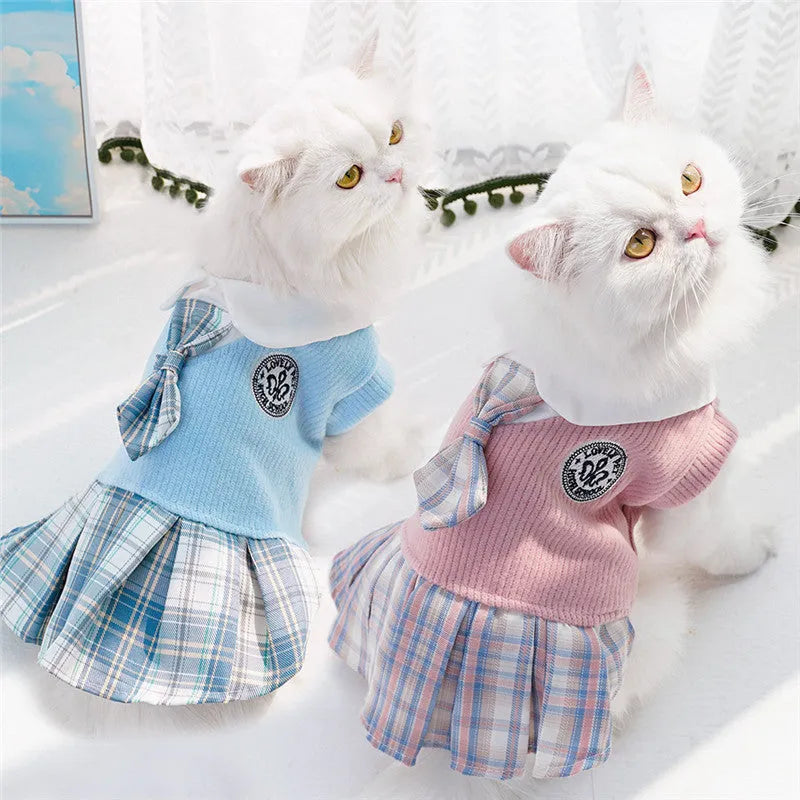 College style plaid dog dress for small dogs and cats, polyester, pink colour, available in sizes XS to XXL