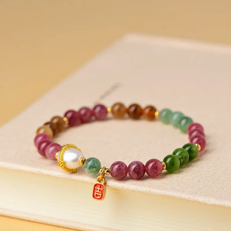 Geometric unisex bracelet made from chalcedony and tourmaline crystals, bead size 6.5mm.
