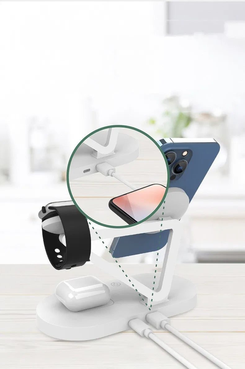 Black 3-in-1 wireless charging station showing phone, Apple Watch and AirPods charging simultaneously.