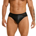 Black men's briefs with faux leather stitching and lace detail on polyester fabric.