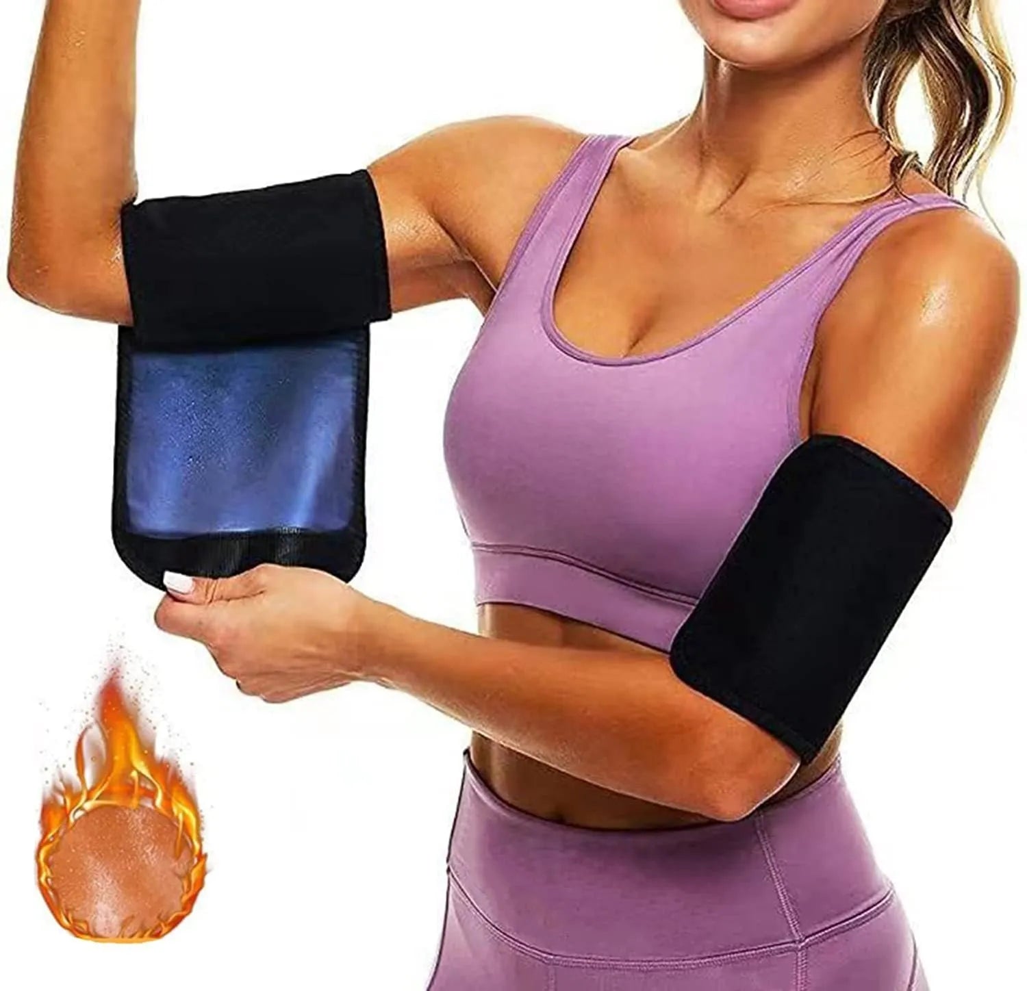 Blue and silver arm sweatbands shown alongside black and yellow and black and red colour variants.