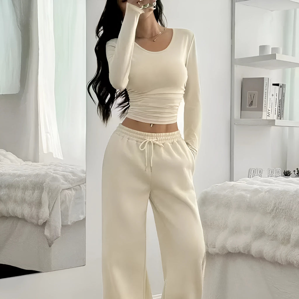 Women's long sleeve solid colour vest pants suit beige white knitted retro two-piece set