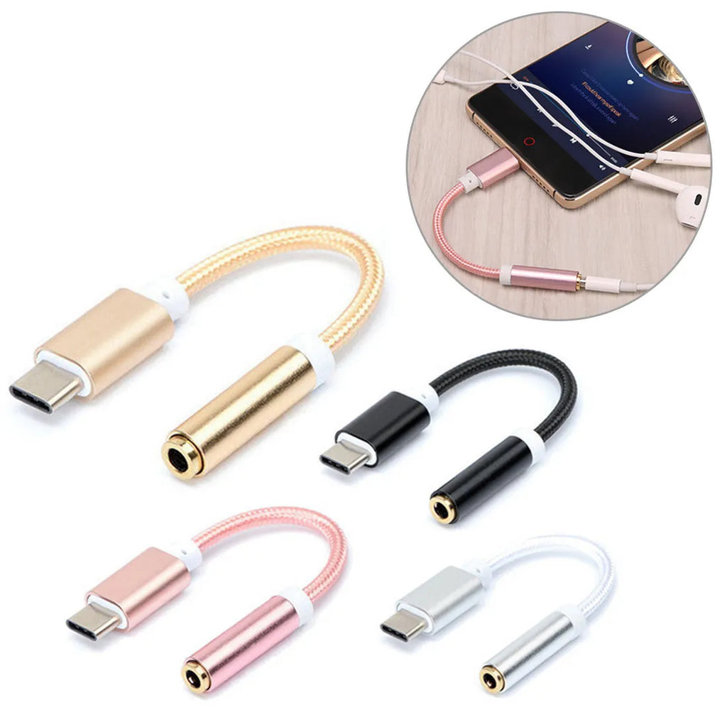 Type-C to 3.5mm nylon braided headphone audio adapter cable 12cm in black with Type-C connector and 3.5mm female socket