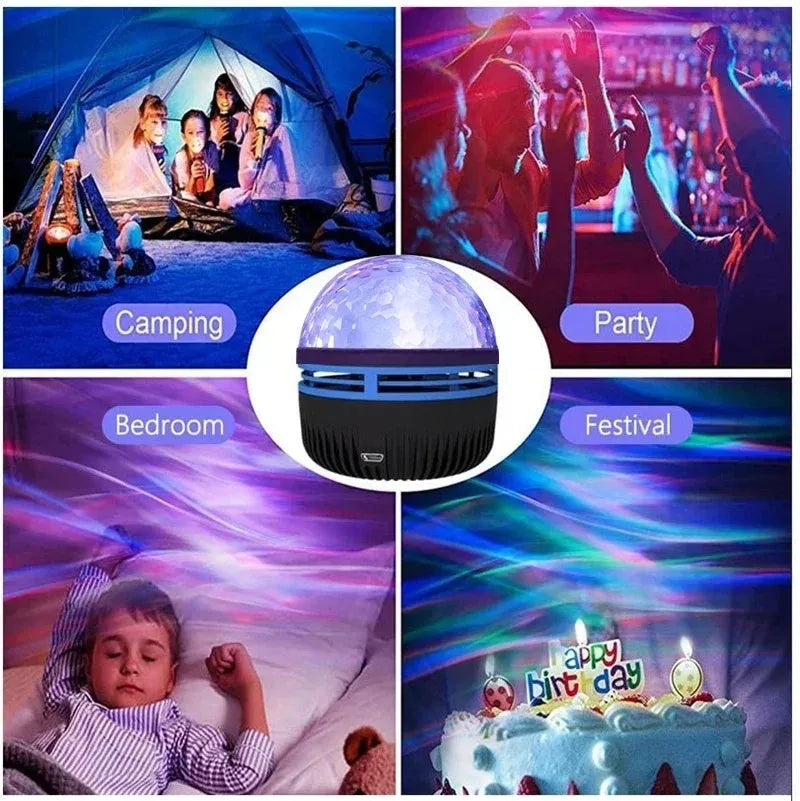 LED star galaxy projector lamp with colourful rotating patterns on a bedroom table