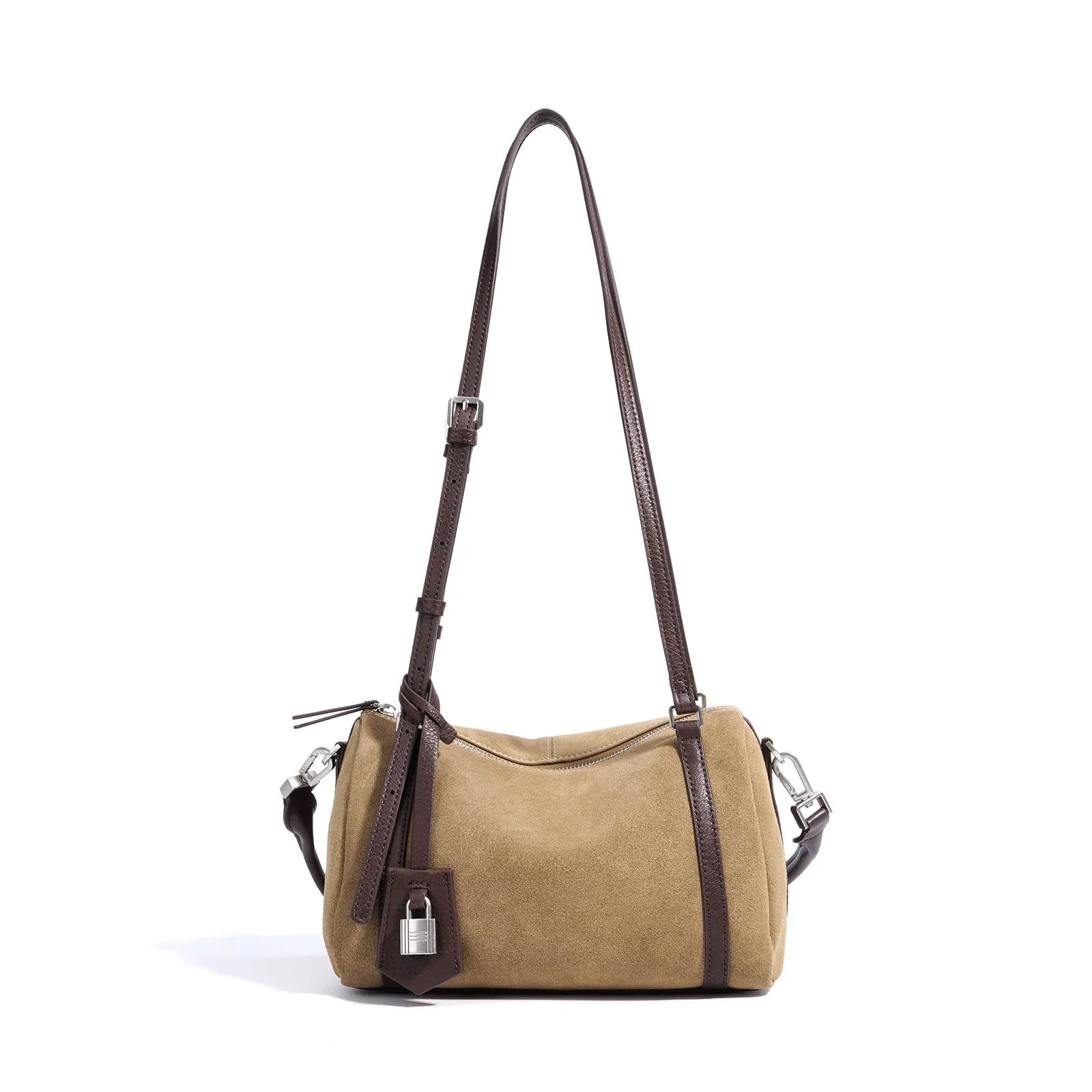 Retro first layer cowhide leather crossbody bag with double shoulder straps in apricot colour