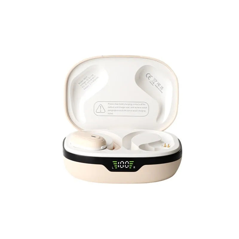 Smart digital display wireless ear-hook sports headphones with noise reduction in Black, Rose Gold, and Skin Colour