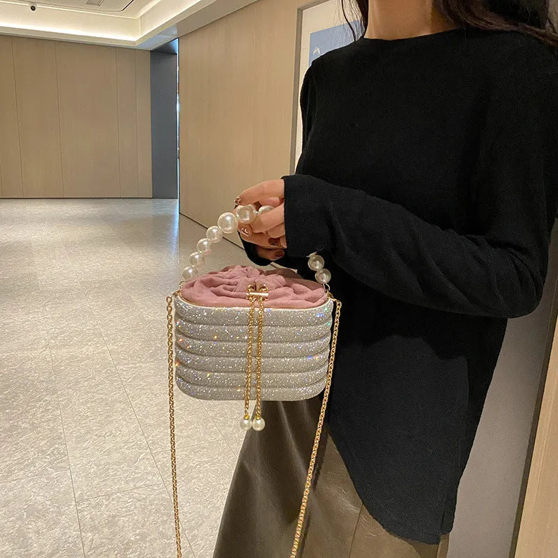 Women's European retro style crossbody bag with pearl beading decoration and one-shoulder strap
