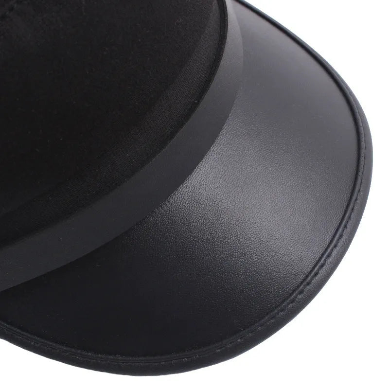 Navy imitation leather peaked cap with flat brim, dome crown, size M 56-58cm, front view