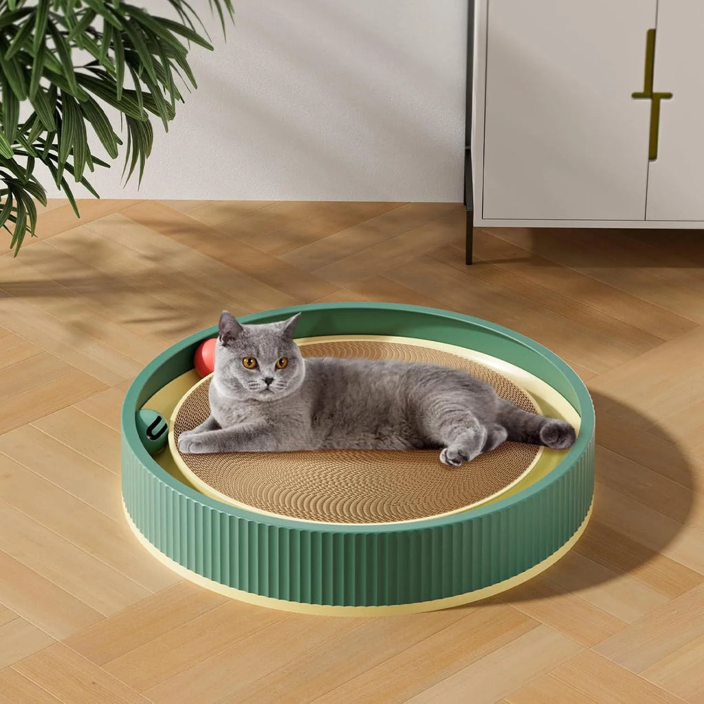 Large circular cat scratching board with integrated ball toys and refillable cardboard core