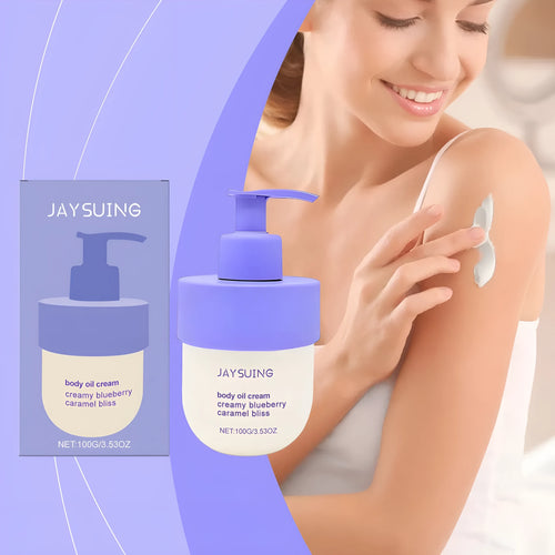 Blueberry Caramel Body Cream jar with 114g net content, a moisturiser for universal skin types.
