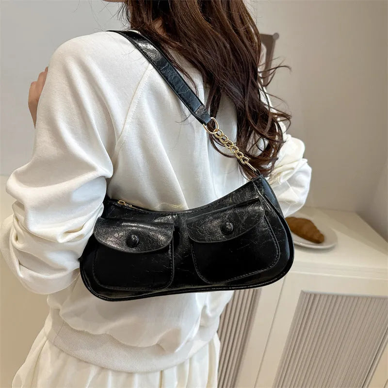Casual women's PU leather clamshell shoulder bag in urban simplicity style, horizontal square shape, medium hardness