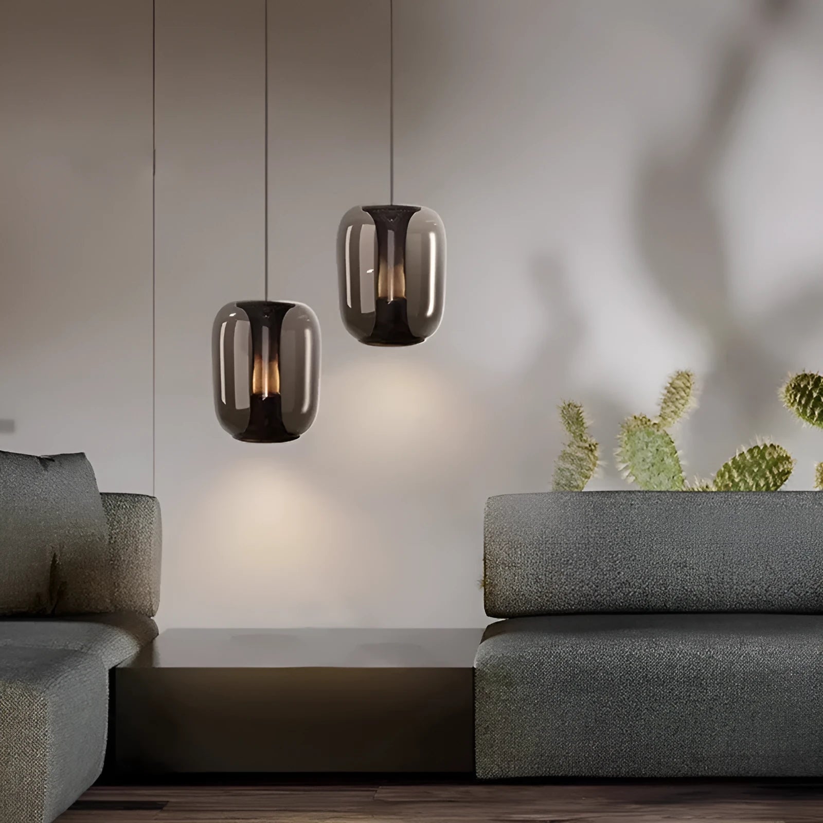 Minimalist Nordic chandelier with metal and glass construction in three colour options
