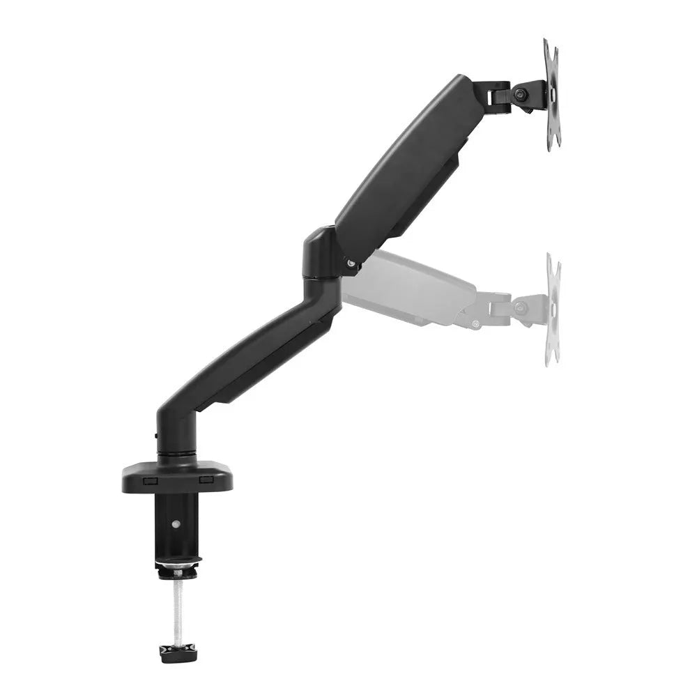 Black rotating telescopic monitor bracket on desk with adjustable arm and elevated design