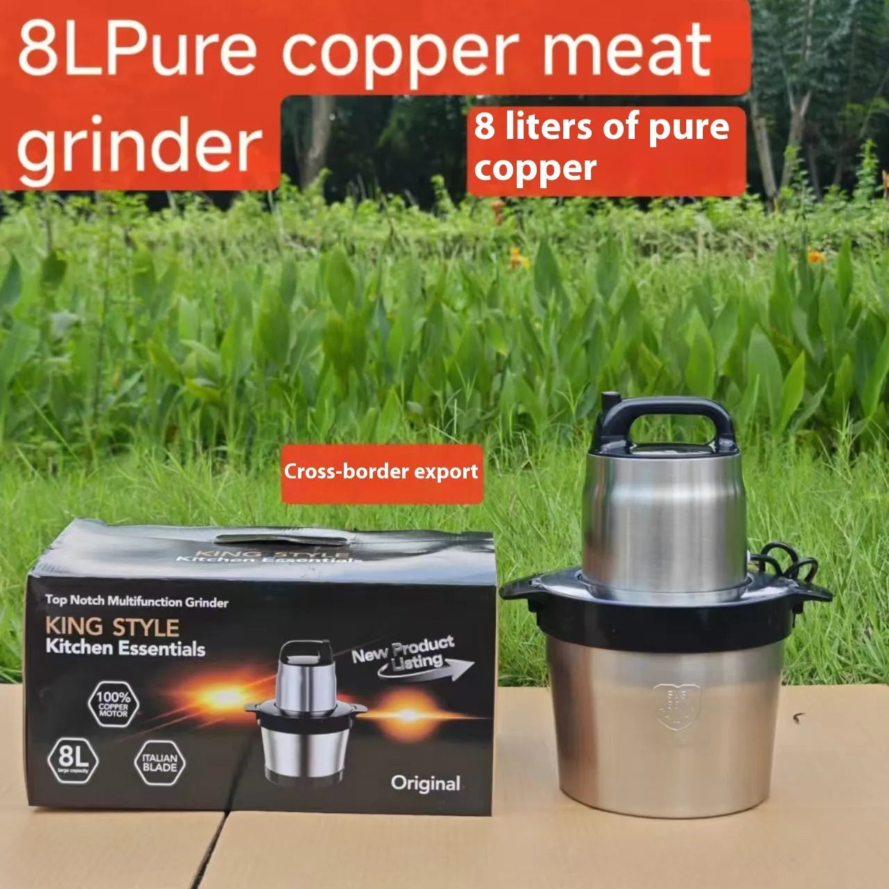 Stainless steel meat grinder food processor with 6L bowl and stainless steel body on kitchen counter