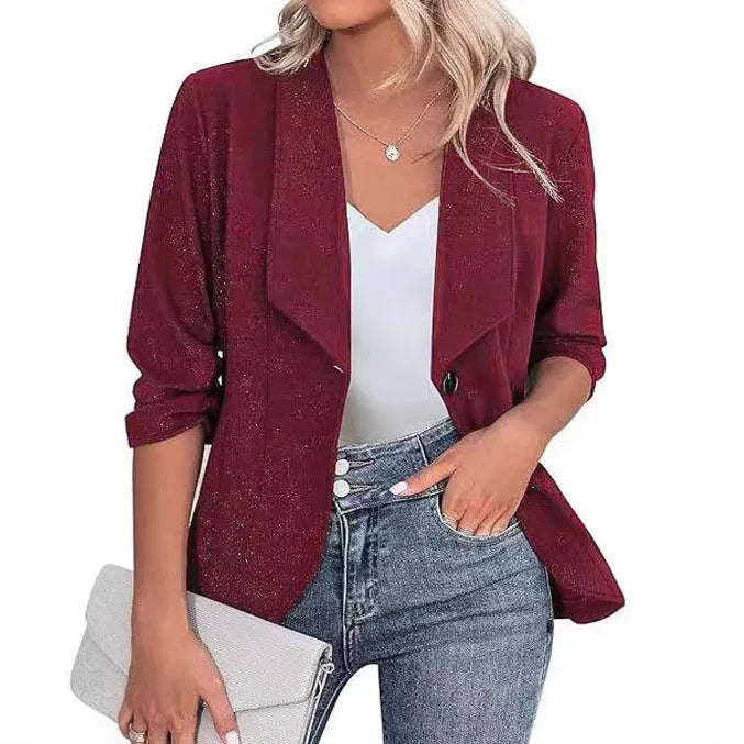Slim-fit women's cardigan suit jacket in black, white or wine red polyester